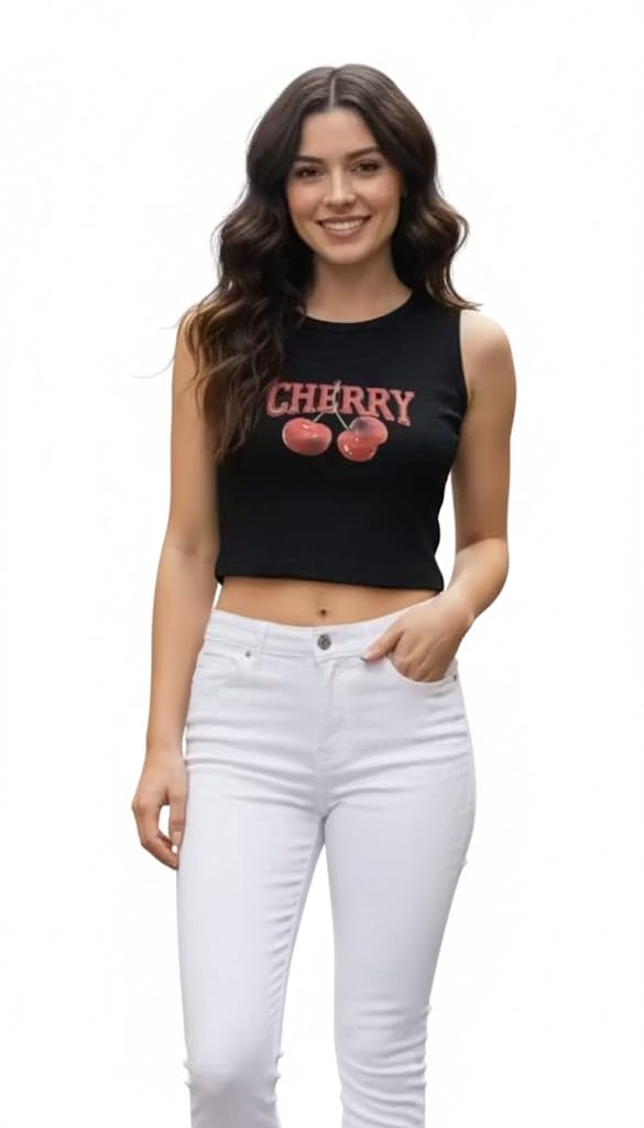 SORVIX - Women's Cherry Print Crop Tank Top, White Ribbed Cotton